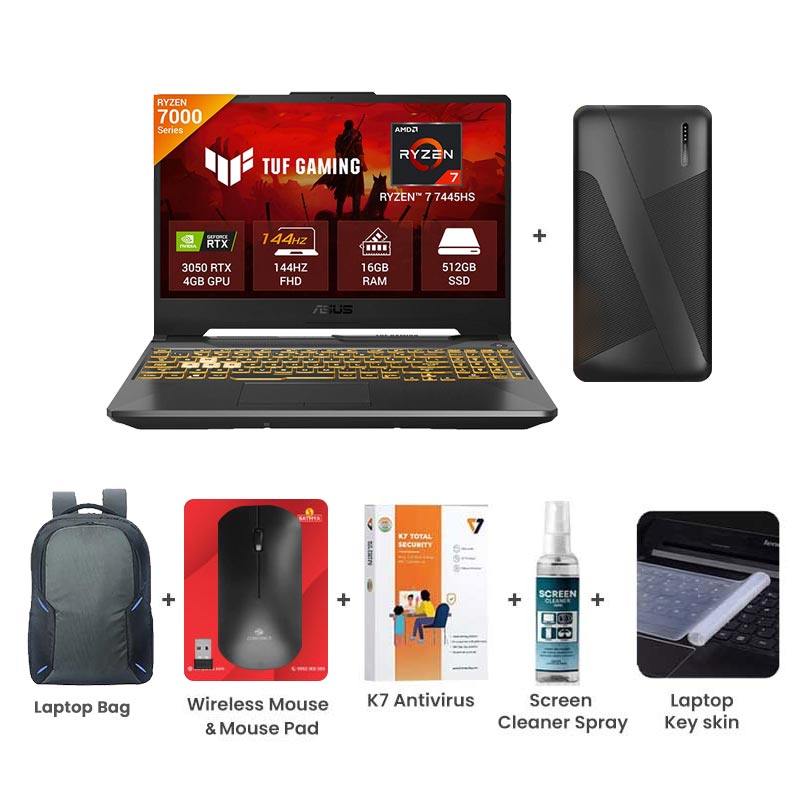 Picture of Asus TUF Gaming A15 - AMD Ryzen 7 7445HS 15.6" (39.62 cm) FA506NCG-HN200WS Gaming Laptop (16GB/ 512GB SSD/ Full HD Display/  NVIDIA GeForce RTX 3050 4GB GDDR6/ Windows 11 Home/ MS Office 2024/ 1Year Warranty/  Graphite Black/ 2.30 kg) with 10000mAh PowerBank + Laptop Bag + Wireless Mouse & Mouse Pad + K7 Antivirus Single User + Screen Cleaner Spray + Laptop Key Skin